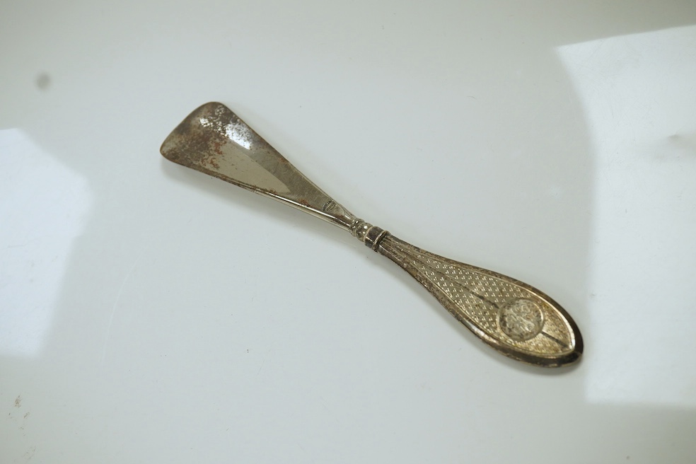 Fourteen silver mounted toilet jars, brushes, mirror, comb etc, together with a pair of glass handled silver salad servers and a silver salt. Condition - poor